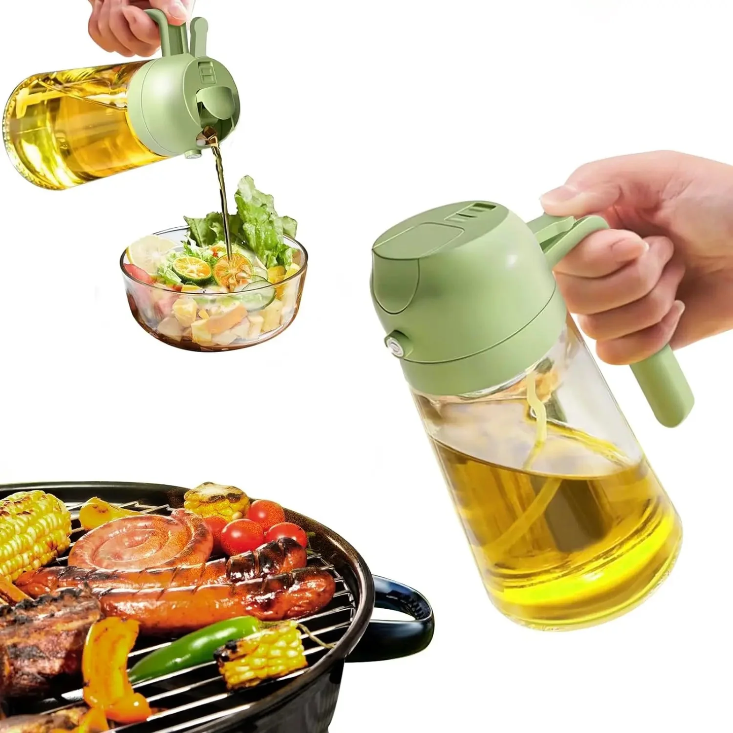 2-in-1 Oil Bottle with Sprayer and Pourer – 470 ml Glass