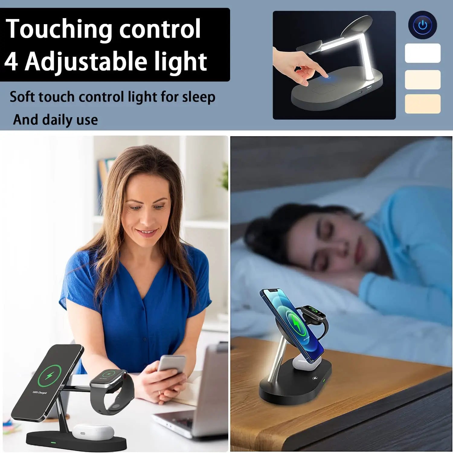 3-In-1 Wireless Charging Station for Smartphone Smartwatch and Earbuds with Night Light